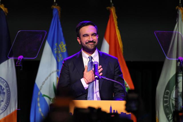 New York City Mayoral candidate Zohran Mamdani celebrates during an election night event at the Brooklyn Paramount Theater in Brooklyn, New York on November 4, 2025. New Yorkers elected leftist Zohran Mamdani as their next mayor November 4, 2025 broadcasters projected, on a day of key local ballots across the country offering the first electoral judgement of Donald Trump's tumultuous second White House term. (Photo by ANGELA WEISS / AFP)