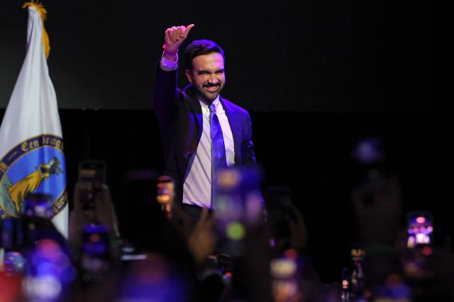 New York City Mayoral candidate Zohran Mamdani celebrates during an election night event at the Brooklyn Paramount Theater in Brooklyn, New York on November 4, 2025. New Yorkers elected leftist Zohran Mamdani as their next mayor November 4, 2025 broadcasters projected, on a day of key local ballots across the country offering the first electoral judgement of Donald Trump's tumultuous second White House term. (Photo by ANGELA WEISS / AFP)