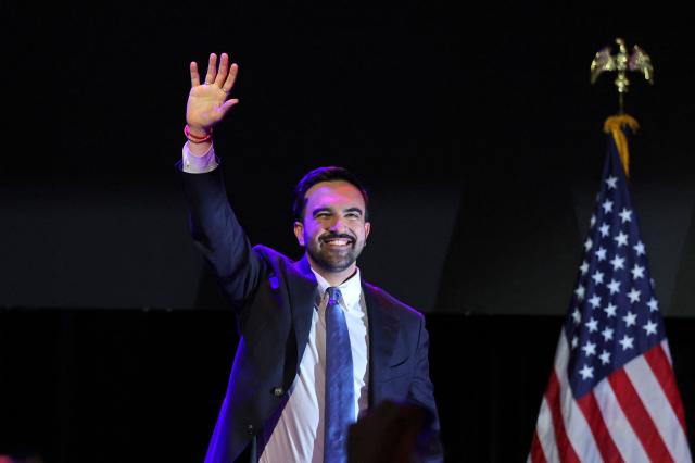 New York City Mayoral candidate Zohran Mamdani celebrates during an election night event at the Brooklyn Paramount Theater in Brooklyn, New York on November 4, 2025. New Yorkers elected leftist Zohran Mamdani as their next mayor November 4, 2025 broadcasters projected, on a day of key local ballots across the country offering the first electoral judgement of Donald Trump's tumultuous second White House term. (Photo by ANGELA WEISS / AFP)