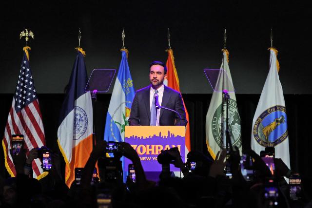 New York City Mayoral candidate Zohran Mamdani speaks during an election night event at the Brooklyn Paramount Theater in Brooklyn, New York on November 4, 2025. New Yorkers elected leftist Zohran Mamdani as their next mayor November 4, 2025 broadcasters projected, on a day of key local ballots across the country offering the first electoral judgement of Donald Trump's tumultuous second White House term. (Photo by ANGELA WEISS / AFP)