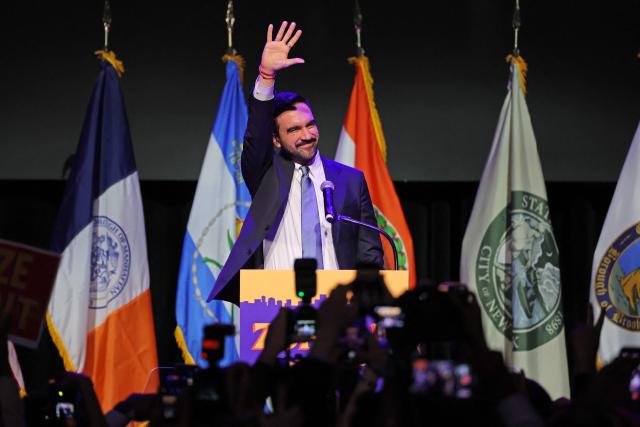 New York City Mayoral candidate Zohran Mamdani celebrates during an election night event at the Brooklyn Paramount Theater in Brooklyn, New York on November 4, 2025. New Yorkers elected leftist Zohran Mamdani as their next mayor November 4, 2025 broadcasters projected, on a day of key local ballots across the country offering the first electoral judgement of Donald Trump's tumultuous second White House term. (Photo by ANGELA WEISS / AFP)