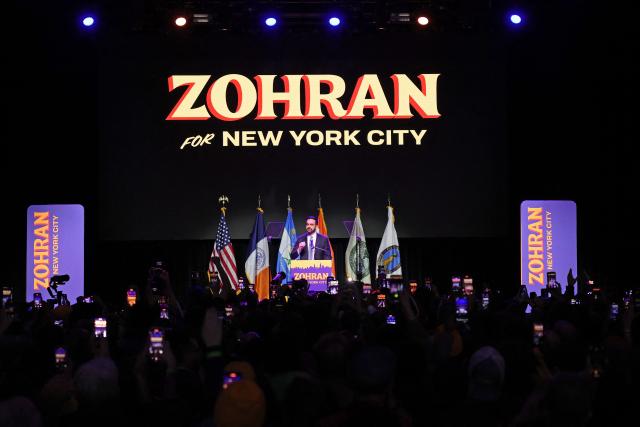 New York City Mayoral candidate Zohran Mamdani speaks during an election night event at the Brooklyn Paramount Theater in Brooklyn, New York on November 4, 2025. New Yorkers elected leftist Zohran Mamdani as their next mayor November 4, 2025 broadcasters projected, on a day of key local ballots across the country offering the first electoral judgement of Donald Trump's tumultuous second White House term. (Photo by ANGELA WEISS / AFP)