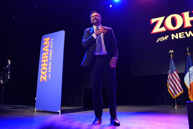 New York City Mayoral candidate Zohran Mamdani celebrates during an election night event at the Brooklyn Paramount Theater in Brooklyn, New York on November 4, 2025. New Yorkers elected leftist Zohran Mamdani as their next mayor November 4, 2025 broadcasters projected, on a day of key local ballots across the country offering the first electoral judgement of Donald Trump's tumultuous second White House term. (Photo by Angelina Katsanis / AFP)