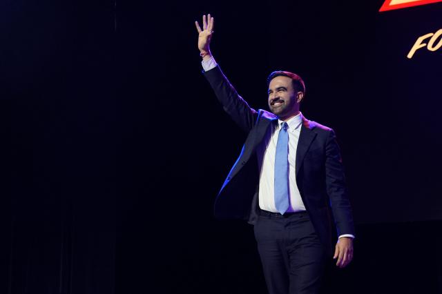 New York City Mayoral candidate Zohran Mamdani celebrates during an election night event at the Brooklyn Paramount Theater in Brooklyn, New York on November 4, 2025. New Yorkers elected leftist Zohran Mamdani as their next mayor November 4, 2025 broadcasters projected, on a day of key local ballots across the country offering the first electoral judgement of Donald Trump's tumultuous second White House term. (Photo by Angelina Katsanis / AFP)