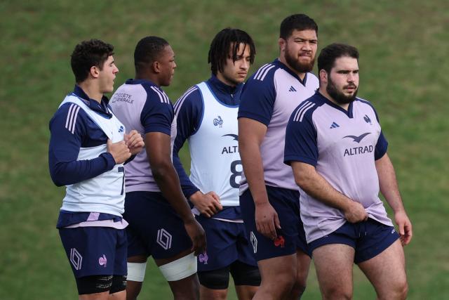 (L to R) France's flanker Paul Boudehent, France's lock Cameron Woki, France's flanker Mickael Guillard, France's lock Emmanuel Meafou and France's prop Regis Montagne take part in a training session of the French national rugby team ahead of the Autumn Nations Series  International rugby union test match in Marcoussis, south of Paris on November 05, 2025. (Photo by Anne-Christine POUJOULAT / AFP)