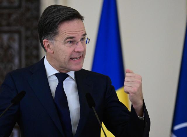 NATO Secretary General Mark Rutte addresses a press conference with the Romanian President at the presidential Cotroceni Palace in Bucharest, Romania, on November 5, 2025. (Photo by Daniel MIHAILESCU / AFP)