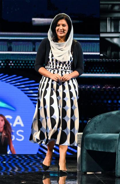 Saudi Arabia's Ambassador to the US Reema bint Bandar Al Saud steps on stage at the American Business Forum at the Kaseya Center in Miami on November 5, 2025. (Photo by Chandan Khanna / AFP)
