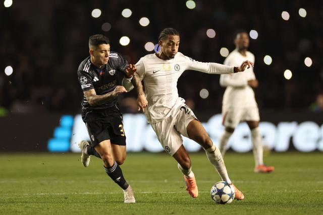 Qarabag's Brazilian midfielder #35 Pedro Bicalho and Chelsea's Brazilian striker #20 Joao Pedro vie for the ball during the UEFA Champions League league phase football match between Qarabag and Chelsea at the Tofiq Bahramov Republican Stadium in Baku on November 5, 2025. (Photo by Giorgi ARJEVANIDZE / AFP)