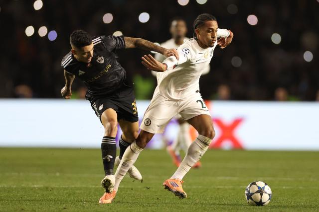 Qarabag's Brazilian midfielder #35 Pedro Bicalho and Chelsea's Brazilian striker #20 Joao Pedro vie for the ball during the UEFA Champions League league phase football match between Qarabag and Chelsea at the Tofiq Bahramov Republican Stadium in Baku on November 5, 2025. (Photo by Giorgi ARJEVANIDZE / AFP)