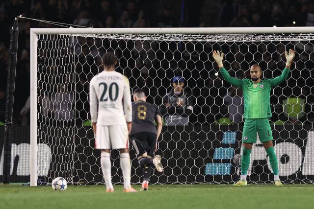 Qarabag's Montenegrin midfielder #08 Marko Jankovic shoots and scores the team's second goal from the penalty spot during the UEFA Champions League league phase football match between Qarabag and Chelsea at the Tofiq Bahramov Republican Stadium in Baku on November 5, 2025. (Photo by Giorgi ARJEVANIDZE / AFP)