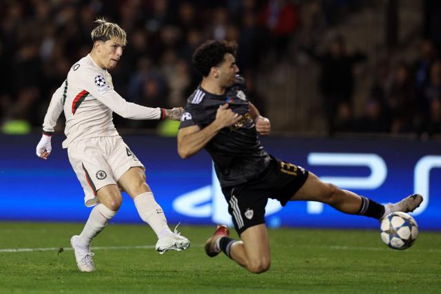 Chelsea's Argentinian midfielder #19 Alejandro Garnacho shoots and scores the team's second goal during the UEFA Champions League league phase football match between Qarabag and Chelsea at the Tofiq Bahramov Republican Stadium in Baku on November 5, 2025. (Photo by Giorgi ARJEVANIDZE / AFP)