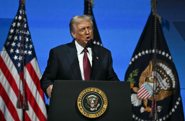 US President Donald Trump speaks at the American Business Forum at the Kaseya Center in Miami on November 5, 2025. (Photo by Chandan Khanna / AFP)