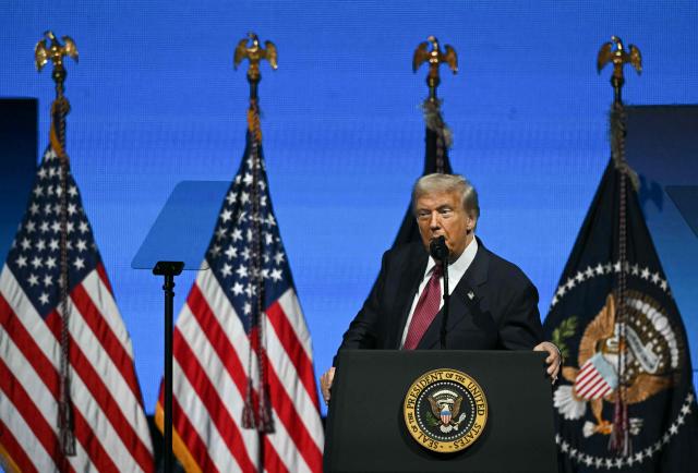 US President Donald Trump speaks at the American Business Forum at the Kaseya Center in Miami on November 5, 2025. (Photo by Chandan Khanna / AFP)