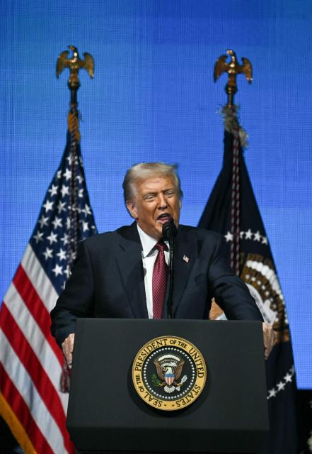 US President Donald Trump speaks at the American Business Forum at the Kaseya Center in Miami on November 5, 2025. (Photo by Chandan Khanna / AFP)