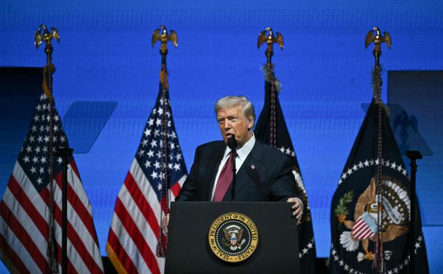 US President Donald Trump speaks at the American Business Forum at the Kaseya Center in Miami on November 5, 2025. (Photo by Chandan Khanna / AFP)