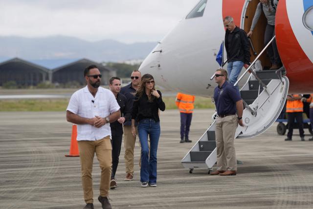 United States Secretary of Homeland Security Kristi Noem (C) arrives at the Eloy Alfaro Air Base in Manta, Ecuador on November 5, 2025. (Photo by Alex Brandon / POOL / AFP)