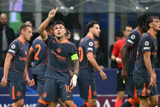 Inter Milan's Argentinian forward #10 Lautaro Martinez celebrates scoring his team's first goal during the UEFA Champions League phase day 4 football match between Inter Milan and Kairat Almaty at San Siro stadium in Milan, on November 5, 2025. (Photo by Stefano RELLANDINI / AFP)