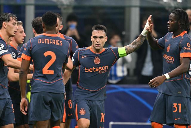 Inter Milan's Argentinian forward #10 Lautaro Martinez celebrates scoring his team's first goal during the UEFA Champions League phase day 4 football match between Inter Milan and Kairat Almaty at San Siro stadium in Milan, on November 5, 2025. (Photo by Stefano RELLANDINI / AFP)