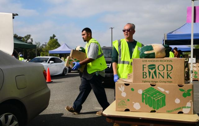 Frozen turkeys sit on boxes as people arrive in vehicles to receive free food from the Los Angeles Regional Food Bank on November 5, 2025, in City of Industry, California. The US government shutdown became the longest ever on November 5, 2025, topping the 35-day record set during Donald Trump's first term, as his administration warned of holiday air travel chaos and threatened Americans' benefits in a bid to force a resolution. (Photo by Frederic J. BROWN / AFP)