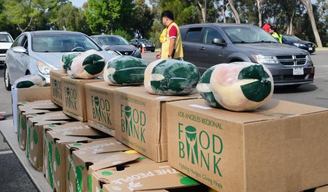 Frozen turkeys sit on boxes as people arrive in vehicles to receive free food from the Los Angeles Regional Food Bank on November 5, 2025, in City of Industry, California. The US government shutdown became the longest ever on November 5, 2025, topping the 35-day record set during Donald Trump's first term, as his administration warned of holiday air travel chaos and threatened Americans' benefits in a bid to force a resolution. (Photo by Frederic J. BROWN / AFP)