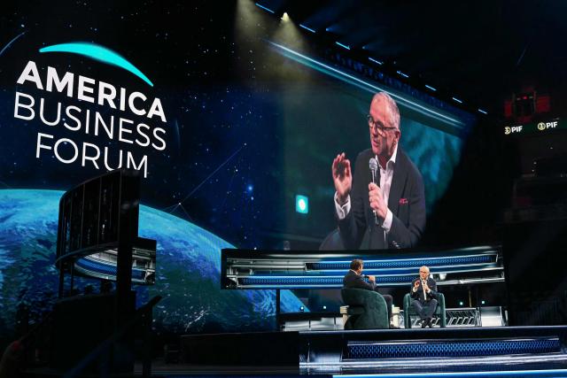 Stefano Domenicali, CEO of Formula 1, speaks at the American Business Forum at the Kaseya Center in Miami on November 5, 2025. (Photo by CHANDAN KHANNA / AFP)