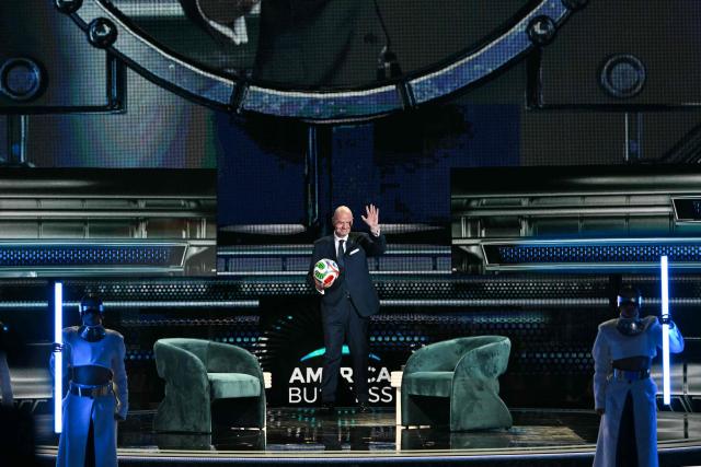 FIFA President Gianni Infantino goes up on the stage to speak at the American Business Forum at the Kaseya Center in Miami on November 5, 2025. (Photo by Chandan Khanna / AFP)