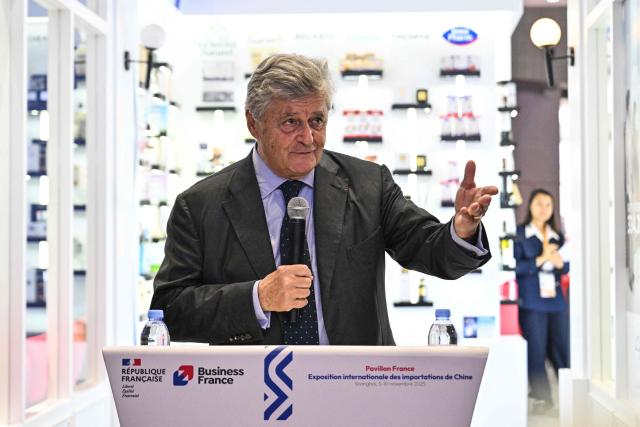 French Deputy Minister for Foreign Trade Nicolas Forissier speaks during the inauguration of the pavillion of France during the 8th International Import Expo (CIIE) in Shanghai on November 6, 2025. (Photo by Hector RETAMAL / AFP)