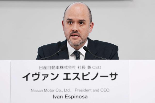 Nissan Motor Presidnet and CEO Ivan Espinosa speaks during a press conference to announce financial results at the compnay's global headquarters in Yokohama on November 6, 2025. (Photo by Kazuhiro NOGI / AFP)