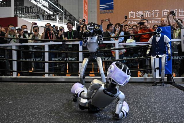 Remote-controlled robots by Unitree Robotics take part in a boxing match at the Unitree Robotics stand during the 8th International Import Expo (CIIE) in Shanghai on November 6, 2025. (Photo by Hector RETAMAL / AFP)