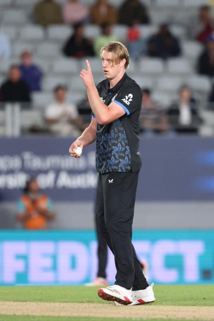 New Zealand’s Kyle Jamieson reacts after bowling a bouncer during the second Twenty20 international cricket match between New Zealand and West Indies played at Eden Park in Auckland on November 6, 2025. (Photo by Michael Bradley / AFP)