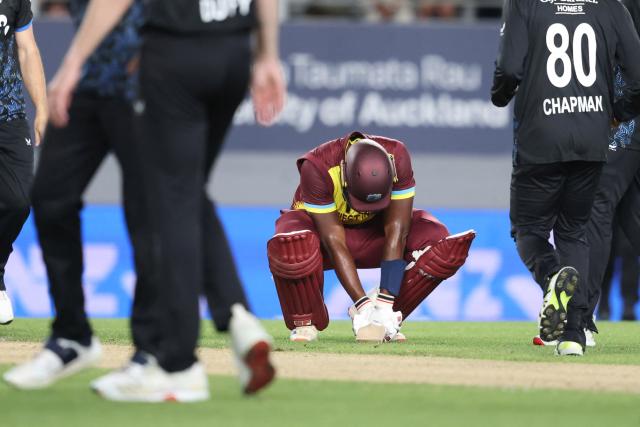 West Indies' Matthew Forde reacts at the end of the match during the second Twenty20 international cricket match between New Zealand and West Indies played at Eden Park in Auckland on November 6, 2025. (Photo by Michael Bradley / AFP)