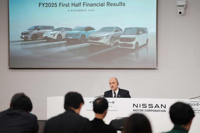 Nissan Motor Presidnet and CEO Ivan Espinosa speaks during a press conference to announce financial results at the compnay's global headquarters in Yokohama on November 6, 2025. Struggling Japanese automaker Nissan said on November 6 it was on the "path to recovery" even as it reported a hefty $690-million loss for the second quarter. (Photo by Kazuhiro NOGI / AFP)