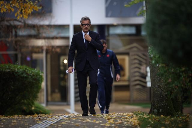 France's national rugby union team head coach Fabien Galthie arrives for a press conference to announce the team's composition ahead of the Autumn Nations Series international rugby union test match between France and South Africa, in Marcoussis, south of Paris, on November 6, 2025. (Photo by Anne-Christine POUJOULAT / AFP)