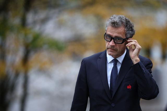 France's national rugby union team head coach Fabien Galthie arrives for a press conference to announce the team's composition ahead of the Autumn Nations Series international rugby union test match between France and South Africa, in Marcoussis, south of Paris, on November 6, 2025. (Photo by Anne-Christine POUJOULAT / AFP)