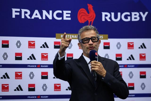 France's national rugby union team head coach Fabien Galthie speaks during a press conference to announce the team's composition ahead of the Autumn Nations Series international rugby union test match between France and South Africa, in Marcoussis, south of Paris, on November 6, 2025. (Photo by Anne-Christine POUJOULAT / AFP)