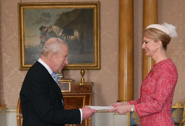 Kristina Miskowiak Beckvard, Denmark's Ambassador to the UK, presents her credentials to Britain's King Charles III during a private audience at Buckingham Palace in London on November 6, 2025. (Photo by Yui Mok / POOL / AFP)