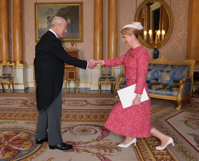 Kristina Miskowiak Beckvard, Denmark's Ambassador to the UK, presents her credentials to Britain's King Charles III during a private audience at Buckingham Palace in London on November 6, 2025. (Photo by Yui Mok / POOL / AFP)
