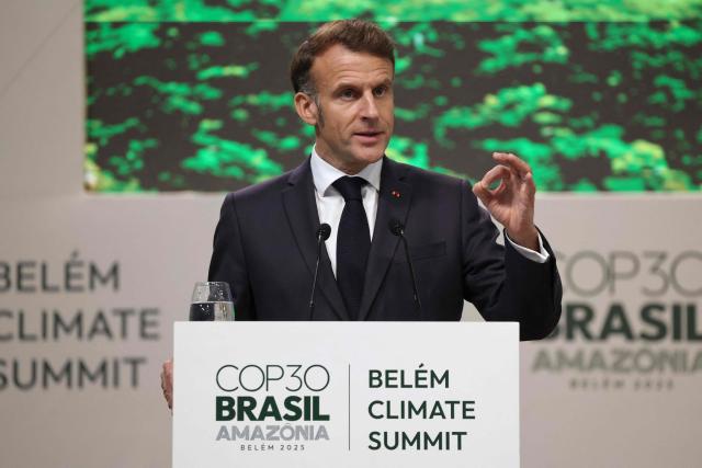 France's President Emmanuel Macron delivers a speech during the General Plenary of Leaders in the framework of the COP30 UN Climate Change Conference in Belem, Para State, Brazil, on November 6, 2025. (Photo by Ludovic MARIN / AFP)