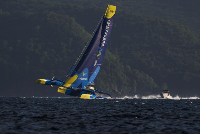 "Wewise" Ocean Fifty multihull French skippers Pierre Quiroga and Gaston Morvan sail to place second in the Ocean Fifty class 17th edition of the Transat Cafe L'Or, off the shores of Fort-de-France, in the French overseas island of Martinique on November 6, 2025. Four open classes take part in the race: IMOCA, Ocean Fifty, ULTIM and Class40. The Transat Cafe L'Or is a duo sailing race from Le Havre to Fort-de-France, in the French Caribbean island of Martinique. (Photo by Loic VENANCE / AFP)