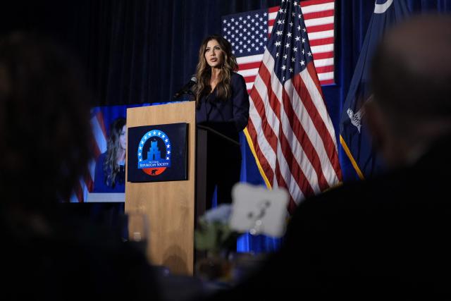 US Homeland Security Secretary Kristi Noem speaks at the Citadel Patriot Dinner at the Citadel, November 6, 2025, in Charleston, SC. (Photo by Alex Brandon / POOL / AFP)