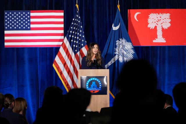 US Homeland Security Secretary Kristi Noem speaks at the Citadel Patriot Dinner at the Citadel, November 6, 2025, in Charleston, SC. (Photo by Alex Brandon / POOL / AFP)