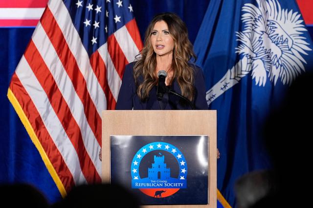 US Homeland Security Secretary Kristi Noem speaks at the Citadel Patriot Dinner at the Citadel, November 6, 2025, in Charleston, SC. (Photo by Alex Brandon / POOL / AFP)