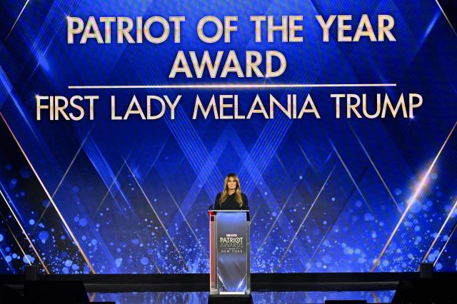 US First Lady Melania Trump accepts the Patriot of the Year Award onstage during the 2025 Fox Nation Patriot Awards at Tilles Center for the Performing Arts on November 6, 2025 in Greenvale, New York. (Photo by Roy Rochlin / POOL / AFP)