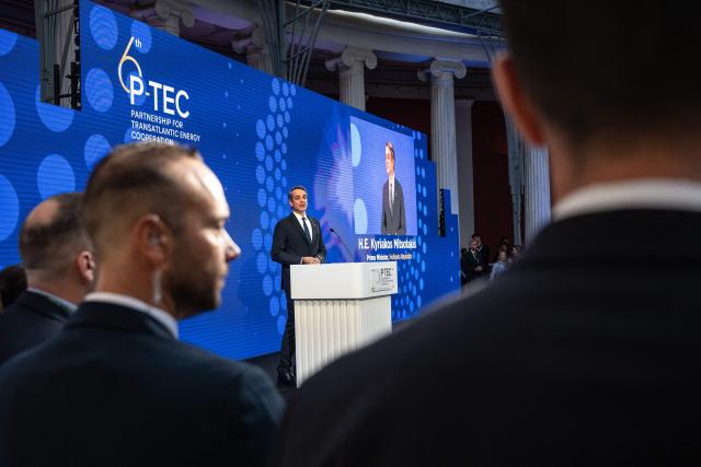 Greece's Prime Minister Kyriakos Mitsotakis addresses the audience during the Transatlantic Energy Cooperation (P-TEC) meeting, in Athens on November 7, 2025. (Photo by Angelos TZORTZINIS / AFP)
