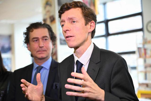 France's Education Minister Edouard Geffray addresses media as he visits the Gustave Ferrie vocational high school in the 10th arrondissement of Paris, in Paris on November 7, 2025. (Photo by Bertrand GUAY / AFP)