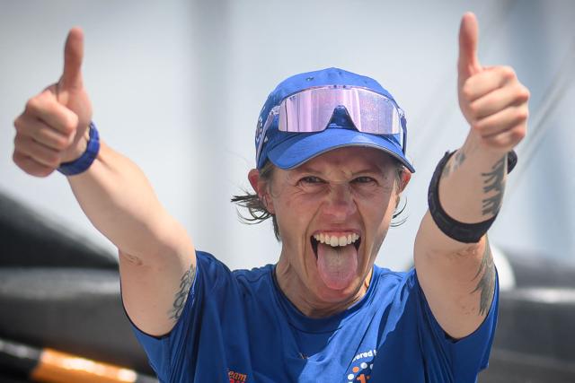 11th Hour Racing Imoca monohull skipper Italian Francesca Clapcich celebrates after finishing second in the Imoca class 17th edition of the Transat Cafe L'Or, off shores Fort-de-France, in the French overseas island of Martinique on November 7, 2025. Four open classes take part in the race: IMOCA, Ocean Fifty, ULTIM and Class40. The Transat Cafe L'Or is a duo sailing race from Le Havre to Fort-de-France, in the French Caribbean island of Martinique. (Photo by Loic VENANCE / AFP)