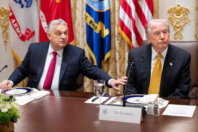US President Donald Trump (R) and Hungarian Prime Minister Viktor Orban hold a meeting in the Cabinet Room of the White House in Washington, DC on November 7, 2025. (Photo by SAUL LOEB / AFP)