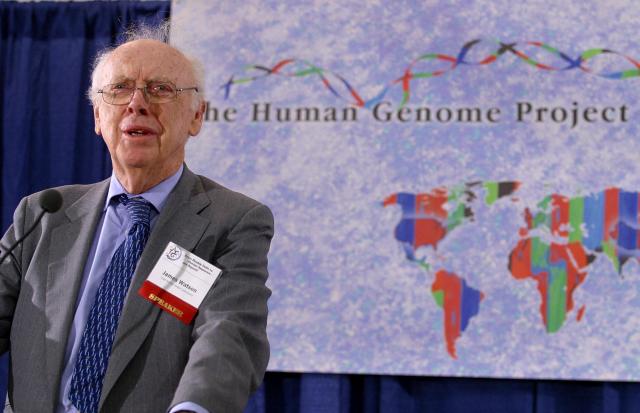 (FILES) Nobel Prize laureate James D. Watson speaks at a press conference to announce that a six-country consortium has successfully drawn up a complete map of the human genome, completing one of the most ambitious scientific projects ever and offering a major opportunity for medical advances, on 14 April 2003 at the National Institute of Health in Bethesda, Maryland. James Watson -- the Nobel laureate co-credited with the pivotal discovery of DNA's double-helix structure, but whose career was later tainted by his repeated racist remarks -- has died, his former lab said on November 7, 2025. He was 97. (Photo by Robyn BECK / AFP)