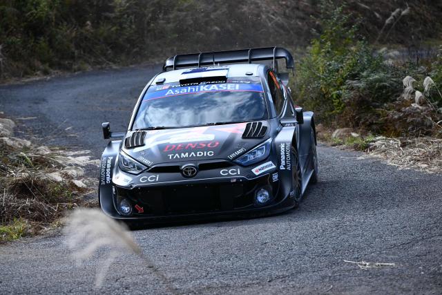 Kalle Rovanpera and his co-driver Jonne Halttiunen of Finland drive their Toyota GR Yaris Rally1 during the SS9 Ena section of the Rally Japan, the 13th round of FIA World Rally Championships, in Ena city, Gifu prefecture on November 8, 2025. (Photo by Toshifumi KITAMURA / AFP)
