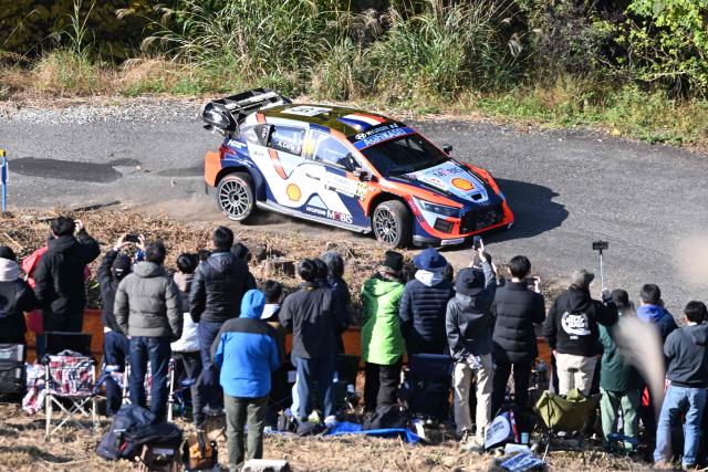 Adrien Fourmaux and his co-driver Alexandre Coria of France drive their Hyundai i20 N Rally1 during the SS9 Ena section of the Rally Japan, the 13th round of FIA World Rally Championships, in Ena city, Gifu prefecture on November 8, 2025. (Photo by Toshifumi KITAMURA / AFP)